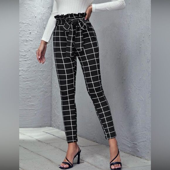 SHEIN MOOSTA Grid Print Paperbag Waist Belted Wide Leg Pants geometric XL sz 12 - Picture 2 of 8